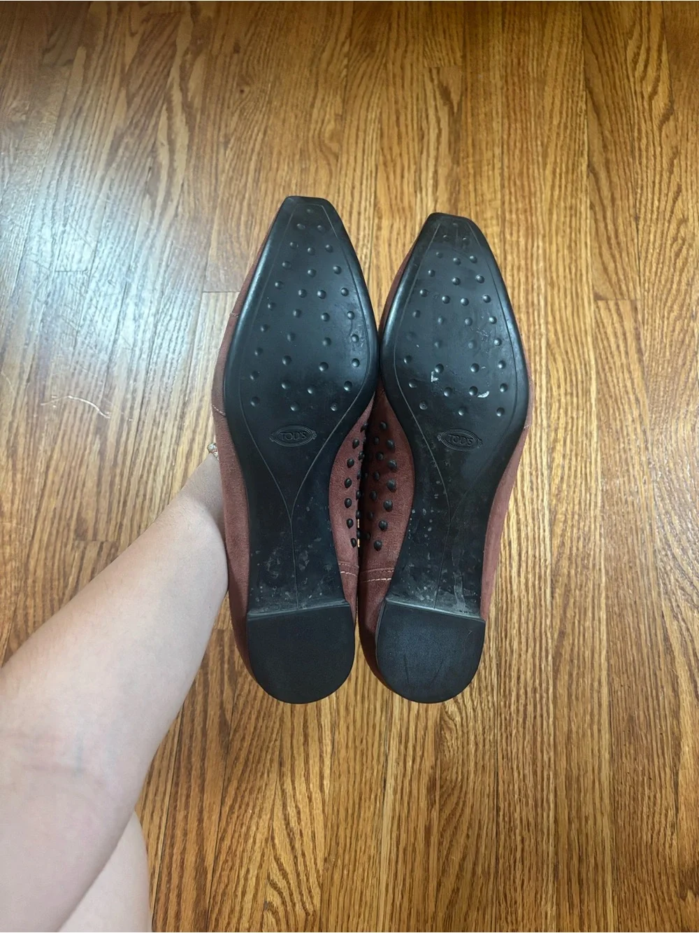 Tod’s Salmon Suede Pointed Toe Loafers with Metal Bit